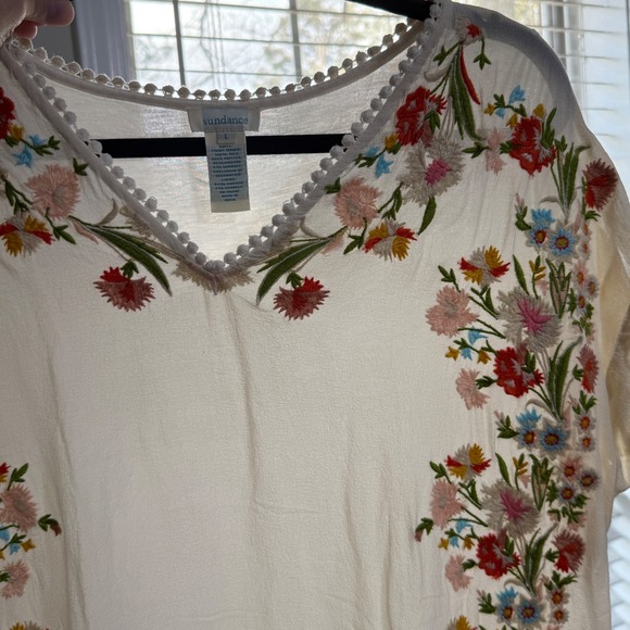 Sundance Women Silk Front Floral Embroidered V-Neck Top Ivory Size L Boho Mixed - Picture 9 of 13
